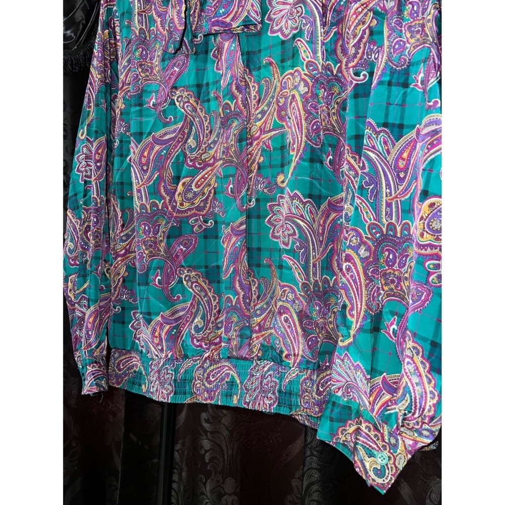 Alfred Dunner Teal Paisley Plaid Tie Neck Blouse Smocked Hem Plus Size 22W - Picture 4 of 6